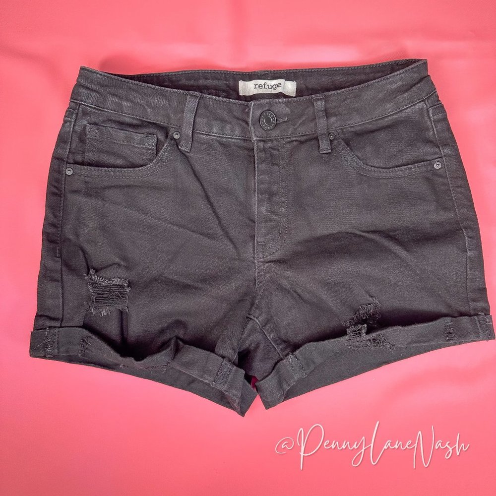 Refuge Cuffed Distressed Denim Jean Shorts Black
